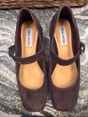 Steve Madden Dark Brown Suede Mary Jane Flats with Buckle Strap